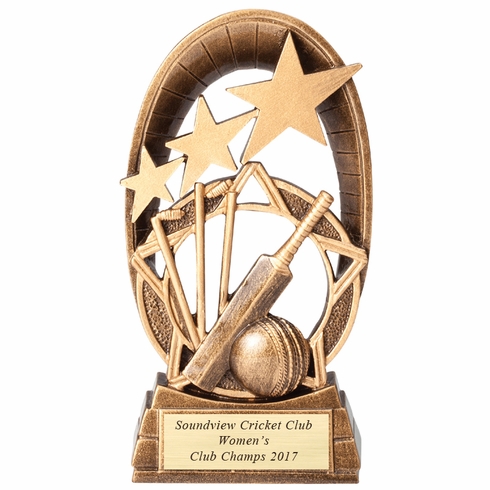 6-1/2" GAME OF CRICKET TROPHY HAND PAINTED RESIN TROPHY, ANTIQUE GOLD WITH GOLD ENGRAVING PLATE