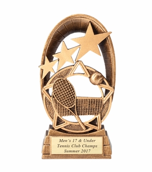 6-1/2" GAME OF TENNIS TROPHY HAND PAINTED RESIN TROPHY, ANTIQUE GOLD WITH GOLD ENGRAVING PLATE