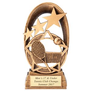 6-1/2" GAME OF TENNIS TROPHY HAND PAINTED RESIN TROPHY, ANTIQUE GOLD WITH GOLD ENGRAVING PLATE