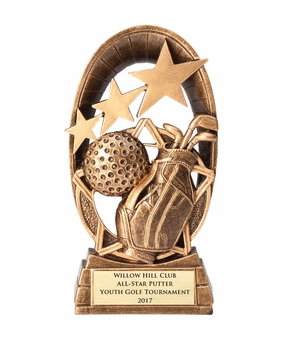 6-1/2" GOLF STAR TROPHY WITH GOLF BAG & BALL HAND PAINTED ANTIQUE GOLD RESIN