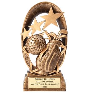 6-1/2" GOLF STAR TROPHY WITH GOLF BAG & BALL HAND PAINTED ANTIQUE GOLD RESIN
