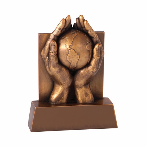 6-1/2 HANDS AND GLOBE TROPHY, ANTIQUE BRASS