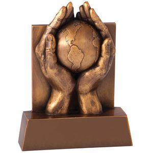 6-1/2 HANDS AND GLOBE TROPHY, ANTIQUE BRASS