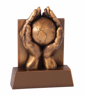 6-1/2 HANDS AND GLOBE TROPHY, ANTIQUE BRASS