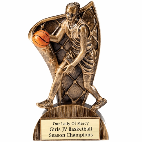 6-1/2 INCH FEMALE BASKETBALL FLAG RESIN TROPHY