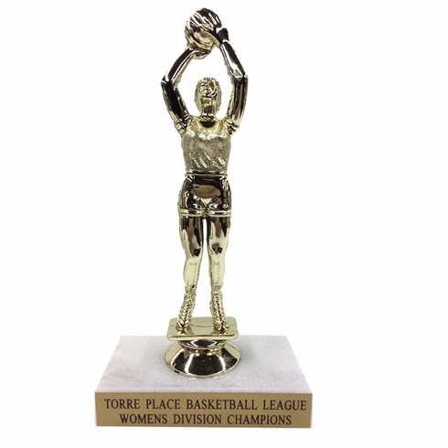 6-1/2 INCH FEMALE BASKETBALL TROPHY FIGURE ON MARBLE BASE
