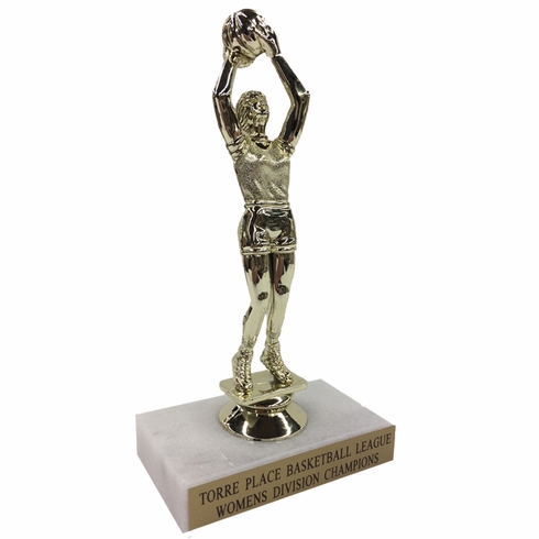 6-1/2 INCH FEMALE BASKETBALL TROPHY FIGURE ON MARBLE BASE