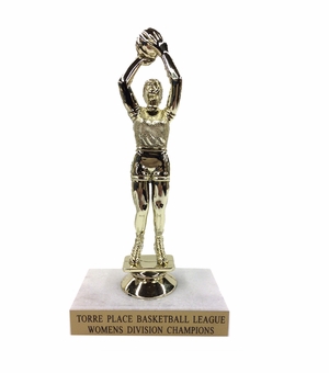 6-1/2 INCH FEMALE BASKETBALL TROPHY FIGURE ON MARBLE BASE