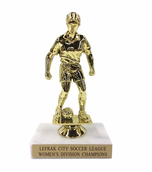 6-1/2 INCH FEMALE SOCCER TROPHY FIGURE ON MARBLE BASE