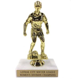 6-1/2 INCH FEMALE SOCCER TROPHY FIGURE ON MARBLE BASE