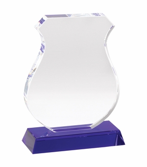 6-1/2 INCH OPTICAL CRYSTAL POLICE SHIELD ON BLUE CRYSTAL BASE