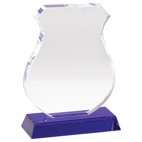6-1/2 INCH OPTICAL CRYSTAL POLICE SHIELD ON BLUE CRYSTAL BASE