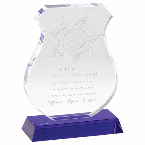 6-1/2 INCH OPTICAL CRYSTAL POLICE SHIELD ON BLUE CRYSTAL BASE