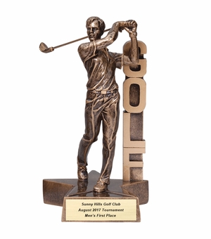 6-1/2" MALE GOLF BILLBOARD TROPHY FOLLOW THROUGH SWING ANTIQUE GOLD PAINTED RESIN