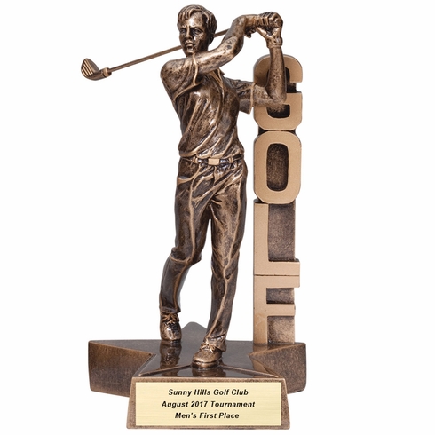 6-1/2" MALE GOLF BILLBOARD TROPHY FOLLOW THROUGH SWING ANTIQUE GOLD PAINTED RESIN