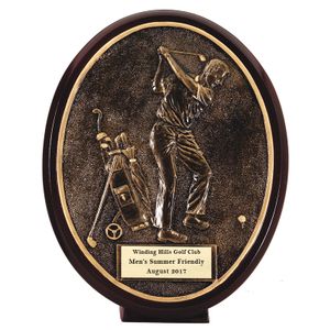 6-1/2" OVAL MALE GOLFER BACK SWING AWARD ANTIQUE RESIN GOLD