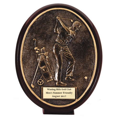 6-1/2" OVAL MALE GOLFER BACK SWING AWARD ANTIQUE RESIN GOLD
