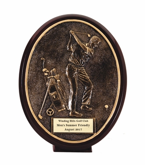 6-1/2" OVAL MALE GOLFER BACK SWING AWARD ANTIQUE RESIN GOLD