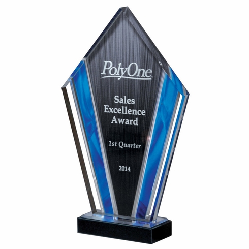 6-1/2" x 10" ART DECO ACRYLIC TOWER ARROWHEAD SHAPE BLUE AND BLACK SHEER EDGES