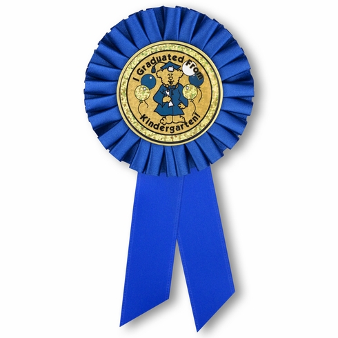  6-1/2 x 3 INCH BLUE ROSETTE RIBBON WITH 2 INCH "I GRADUATED FROM KINDERGARTEN!" MYLAR INSERT