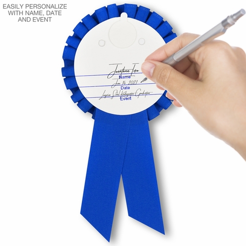  6-1/2 x 3 INCH BLUE ROSETTE RIBBON WITH 2 INCH "I GRADUATED FROM KINDERGARTEN!" MYLAR INSERT