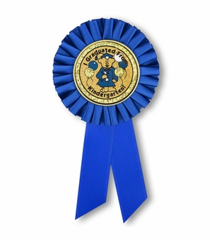  6-1/2 x 3 INCH BLUE ROSETTE RIBBON WITH 2 INCH "I GRADUATED FROM KINDERGARTEN!" MYLAR INSERT