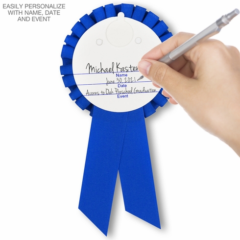 6-1/2 x 3 INCH BLUE ROSETTE RIBBON WITH 2 INCH "I GRADUATED FROM PRESCHOOL!" MYLAR INSERT