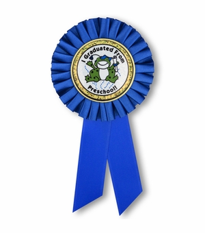 6-1/2 x 3 INCH BLUE ROSETTE RIBBON WITH 2 INCH "I GRADUATED FROM PRESCHOOL!" MYLAR INSERT