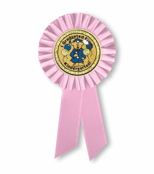  6-1/2 x 3 INCH PINK ROSETTE RIBBON WITH 2 INCH "I GRADUATED FROM KINDERGARTEN!" MYLAR INSERT