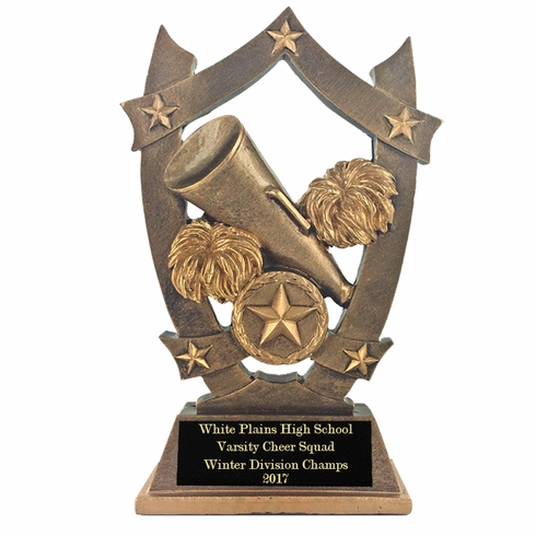 6-1/4" ANTIQUE GOLD RESIN CHEERLEADER WITH MEGAPHONE POM POMS & STAR TROPHY