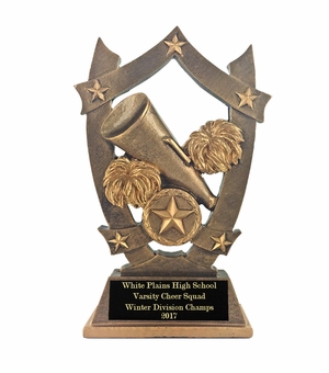 6-1/4" ANTIQUE GOLD RESIN CHEERLEADER WITH MEGAPHONE POM POMS & STAR TROPHY