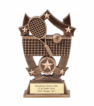 6-1/4" GAME OF TENNIS TROPHY HAND PAINTED RESIN TROPHY, ANTIQUE GOLD WITH GOLD ENGRAVING PLATE