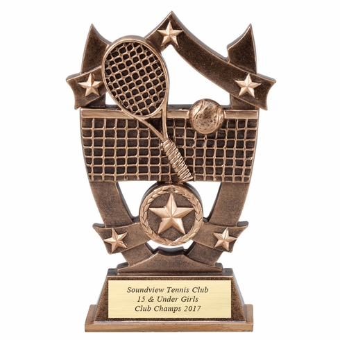 6-1/4" GAME OF TENNIS TROPHY HAND PAINTED RESIN TROPHY, ANTIQUE GOLD WITH GOLD ENGRAVING PLATE