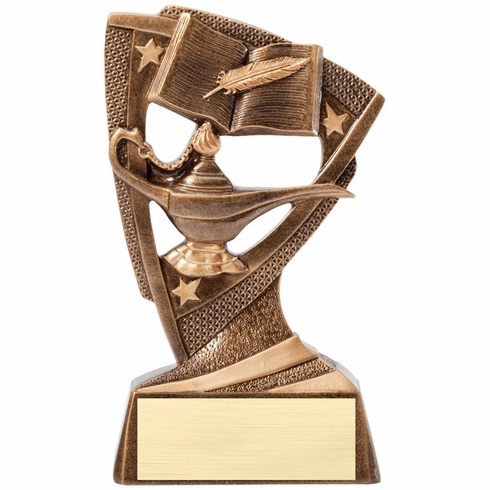 6 1/4 INCH ANTIQUE GOLD BANNER STAR LAMP OF LEARNING RESIN TROPHY