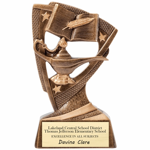 6 1/4 INCH ANTIQUE GOLD BANNER STAR LAMP OF LEARNING RESIN TROPHY