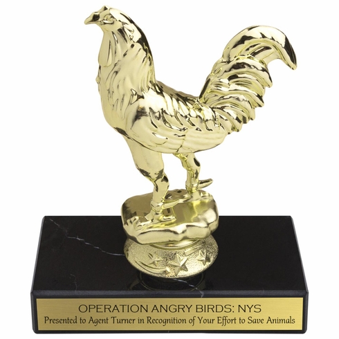 6-1/4 INCH FIGHTING ROOSTER ANIMAL GOLD TROPHY ON BLACK MARBLE BASE