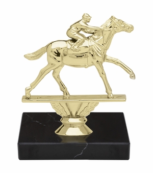 6-1/4 INCH HORSE RACING ANIMAL GOLD TROPHY ON BLACK MARBLE BASE