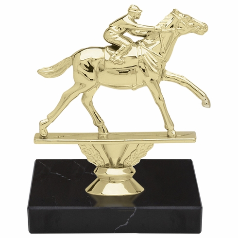 6-1/4 INCH HORSE RACING ANIMAL GOLD TROPHY ON BLACK MARBLE BASE
