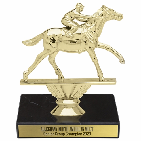 6-1/4 INCH HORSE RACING ANIMAL GOLD TROPHY ON BLACK MARBLE BASE