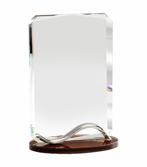 6-1/4 x 4-1/4 INCH OPTICAL CRYSTAL RECTANGLE AWARD WITH BEVELED EDGES ON WOOD GRAIN BASE