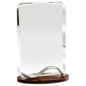 6-1/4 x 4-1/4 INCH OPTICAL CRYSTAL RECTANGLE AWARD WITH BEVELED EDGES ON WOOD GRAIN BASE
