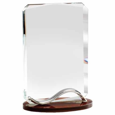 6-1/4 x 4-1/4 INCH OPTICAL CRYSTAL RECTANGLE AWARD WITH BEVELED EDGES ON WOOD GRAIN BASE