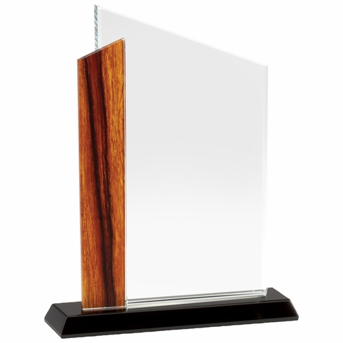 6-1/4 x 8 INCH OPTICAL CRYSTAL AWARD WITH BEVELED EDGES AND WOOD GRAIN ACCENT ON BLACK BASE