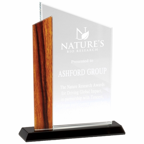 6-1/4 x 8 INCH OPTICAL CRYSTAL AWARD WITH BEVELED EDGES AND WOOD GRAIN ACCENT ON BLACK BASE
