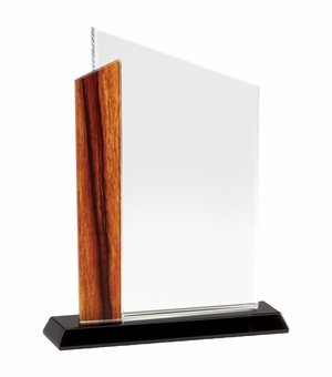 6-1/4 x 8 INCH OPTICAL CRYSTAL AWARD WITH BEVELED EDGES AND WOOD GRAIN ACCENT ON BLACK BASE