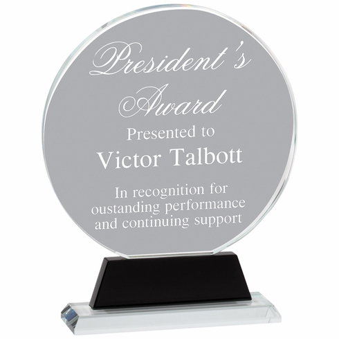 6-1/4 x 8 INCHES ROUND OPTICAL CRYSTAL AWARD ON BLACK PEDESTAL
