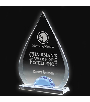 6-1/4" X 9-1/2" BLUE ACRYLIC ARROWHEAD AWARD WITH REFLECTIVE BLUE BASE