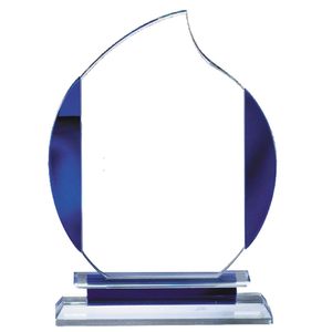 6-1/4" x 9" GLASS FLAME AWARD WITH BLUE ACCENTS ON DOUBLE BASE