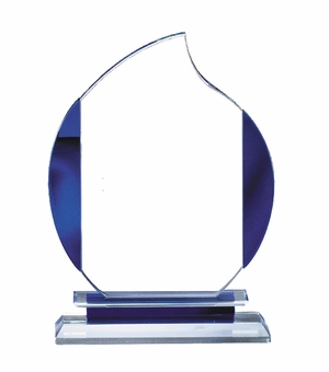 6-1/4" x 9" GLASS FLAME AWARD WITH BLUE ACCENTS ON DOUBLE BASE