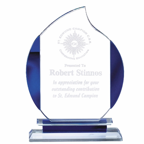 6-1/4" x 9" GLASS FLAME AWARD WITH BLUE ACCENTS ON DOUBLE BASE